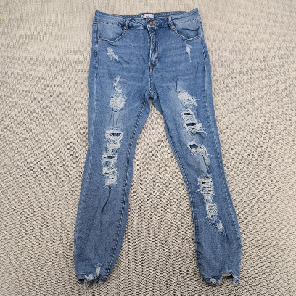 Rue21 Jeans Womens 12 Blue Distressed Ripped Skinny Ankle Raw Hem Denim